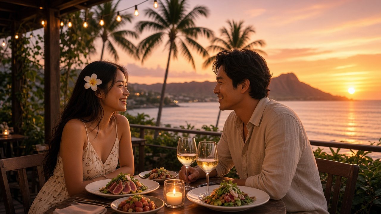 A young couple dining on a Honolulu restaurant patio at sunset, with Diamond Head and the ocean behind them