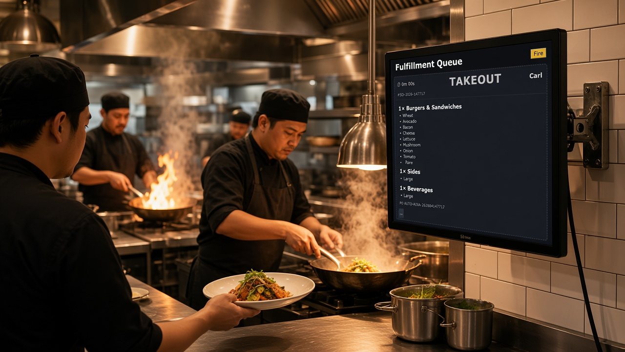 A busy restaurant kitchen: cooks at the wok and the pass, a server picking up a plate, and the FoodPronto.app order queue on a kitchen monitor