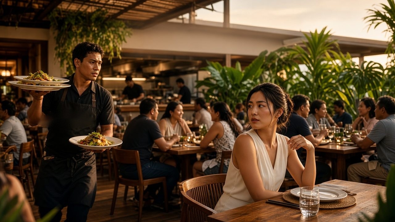 A packed restaurant at dinner rush: a stressed server hurries by with plates while a guest looks around for her order