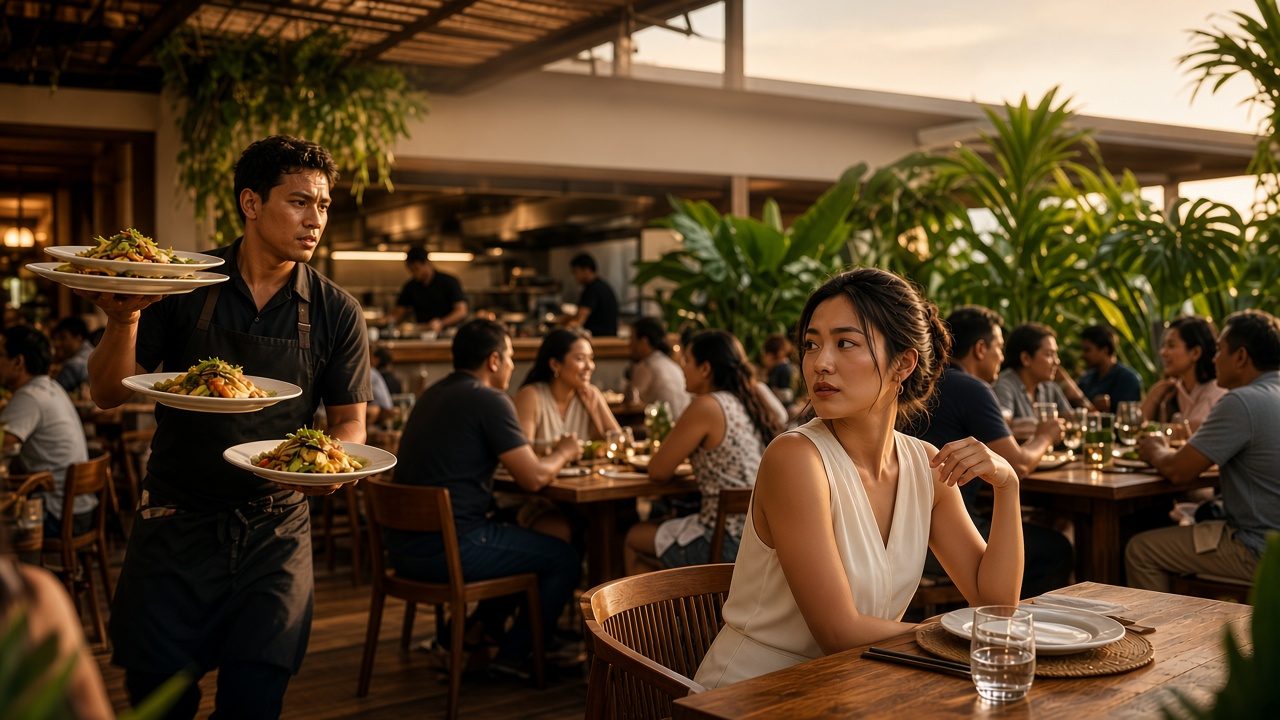 A packed restaurant at dinner rush: a stressed server hurries by with plates while a guest looks around for her order